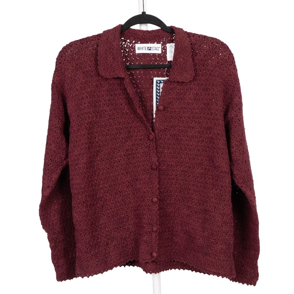 White Stag VTG Cardigan Sweater M Women NEW Burgundy Crochet Button Ramie Cotton
